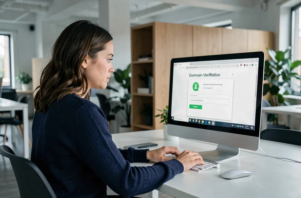 Femme vérifiant l'accès sécurisé à une nouvelle adresse de site officiel dans un espace de coworking