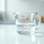 Verre doseur avec 60 ml de liquide sur plan blanc
