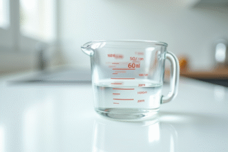 Verre doseur avec 60 ml de liquide sur plan blanc