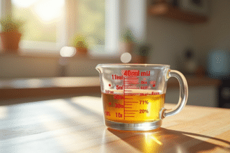 Verre mesureur avec 40 ml de liquide sur planche en bois