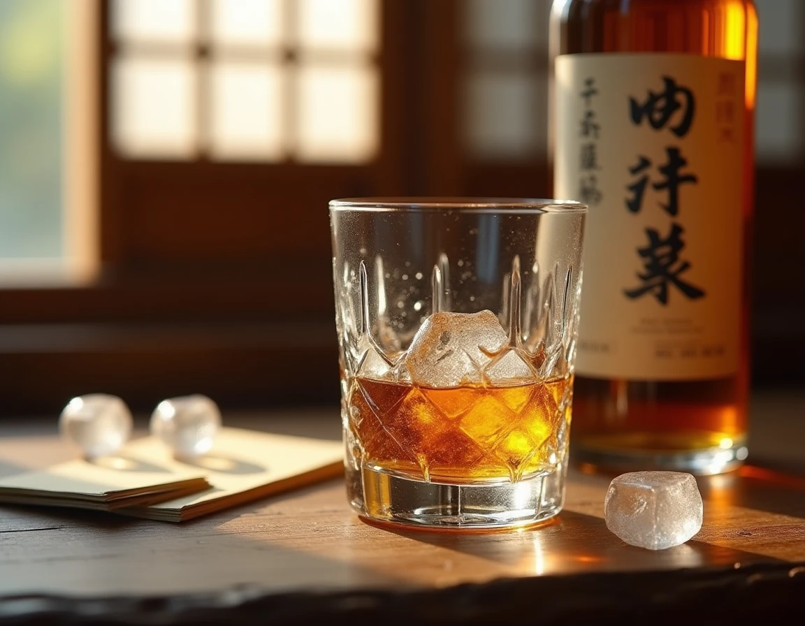 Verre de whisky Akashi doré avec bouteille japonaise et notes de dégustation sur une table en bois