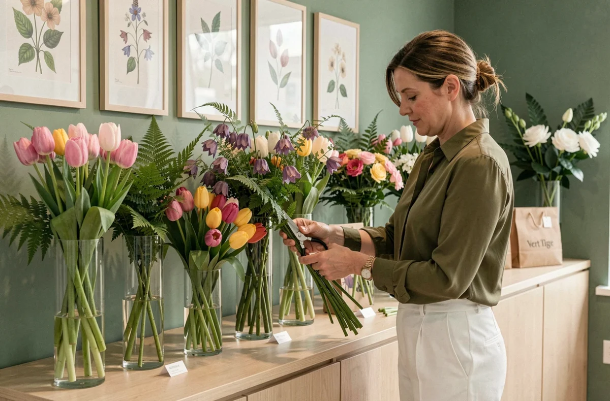 Fleuriste de Vert Tige' taillant des tiges de tulipes dans une boutique épurée aux murs vert sauge avec des arrangements floraux minimalistes dans des vases en verre cylindriques