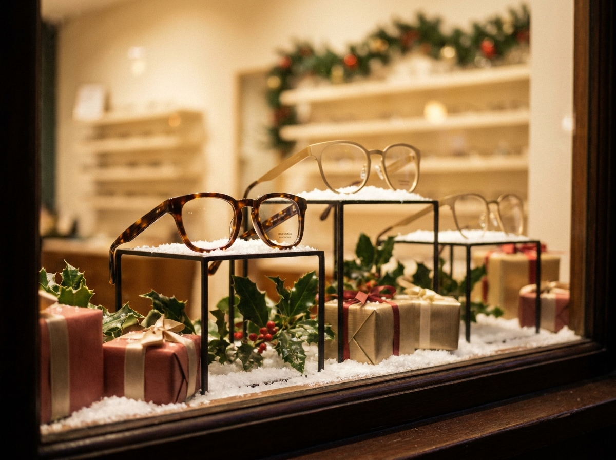 Vitrine d'opticien décorée pour les fêtes avec des montures de lunettes premium et des ornements de Noël