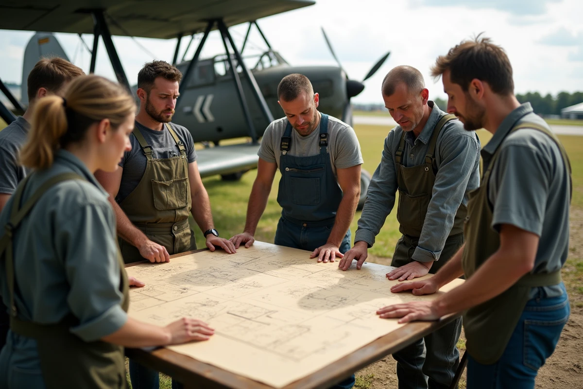 Groupe de bénévoles discutant de plans techniques de l