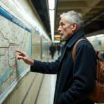 Voyageur consultant le plan du métro parisien ligne 10 affiché dans une station RATP