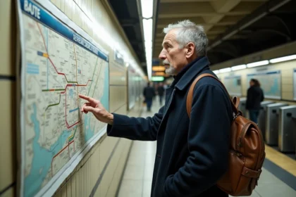 Voyageur consultant le plan du métro parisien ligne 10 affiché dans une station RATP